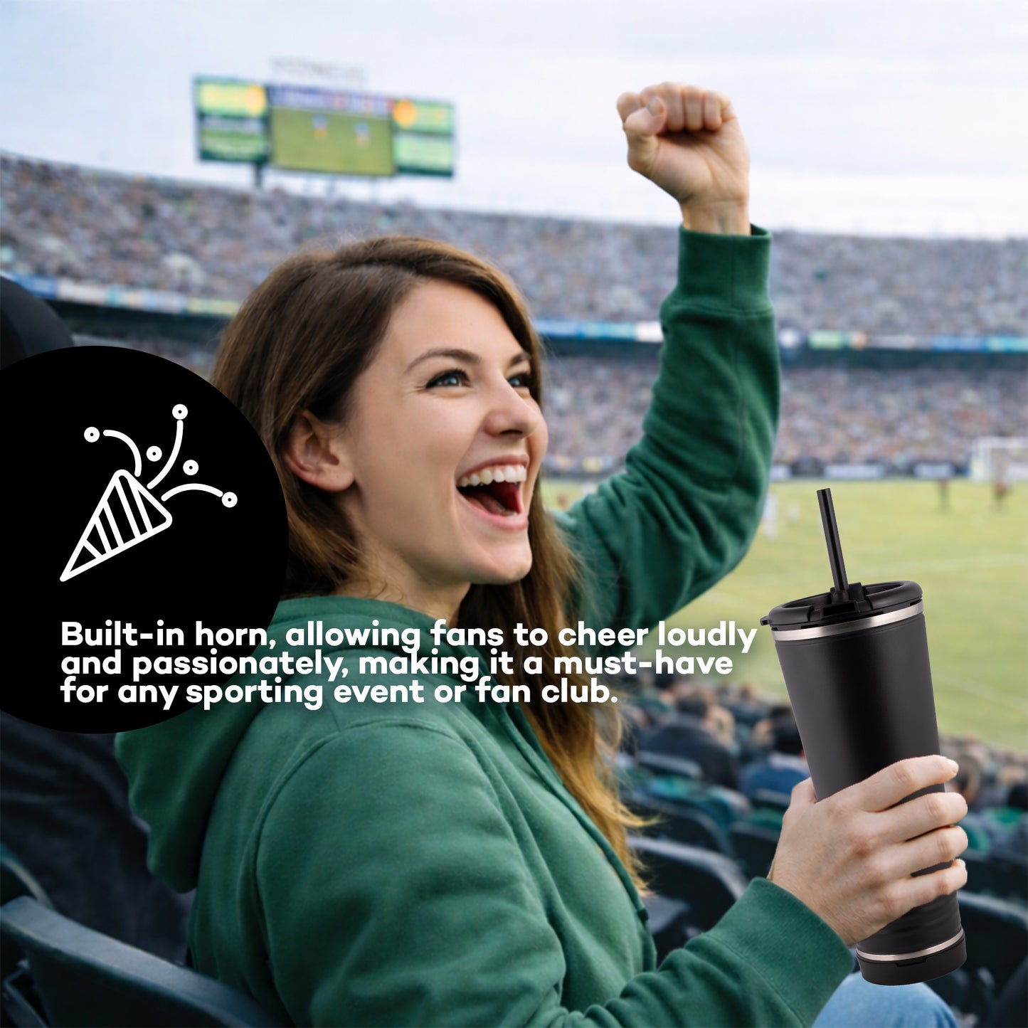 leHoyt HornPro X2 | 3-in-1 Cheering Cup with Built-In Horn & Cowbell | Insulated Stainless Steel Tumbler | BPA-Free | Fan Gift
