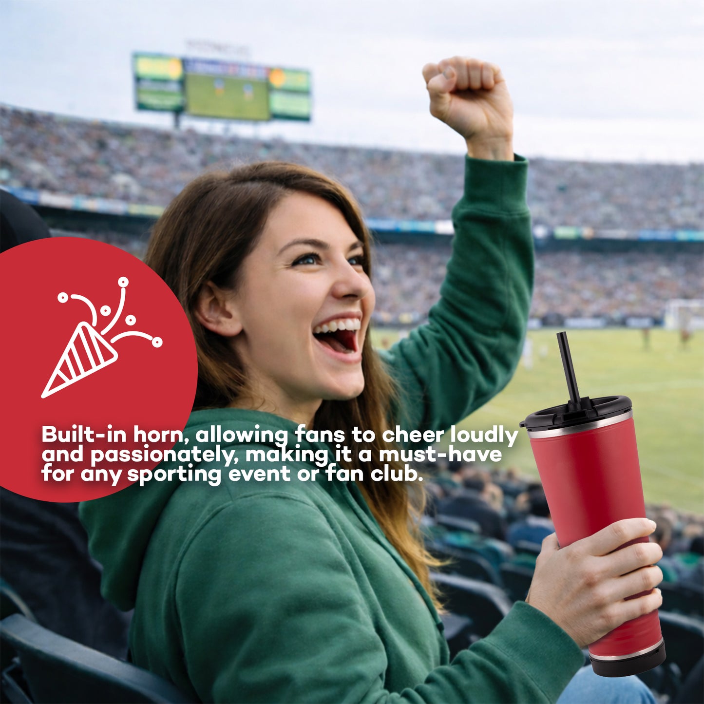 leHoyt HornPro X2 | 3-in-1 Cheering Cup with Built-In Horn & Cowbell | Insulated Stainless Steel Tumbler | BPA-Free | Fan Gift