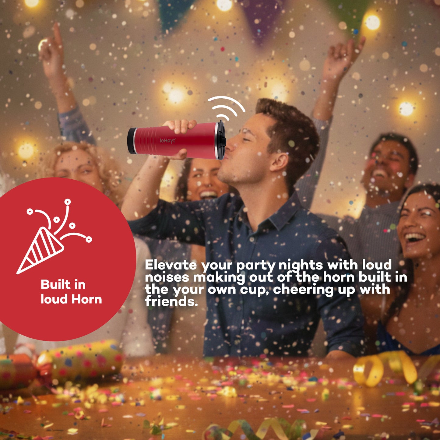 leHoyt HornPro X2 | 3-in-1 Cheering Cup with Built-In Horn & Cowbell | Insulated Stainless Steel Tumbler | BPA-Free | Fan Gift